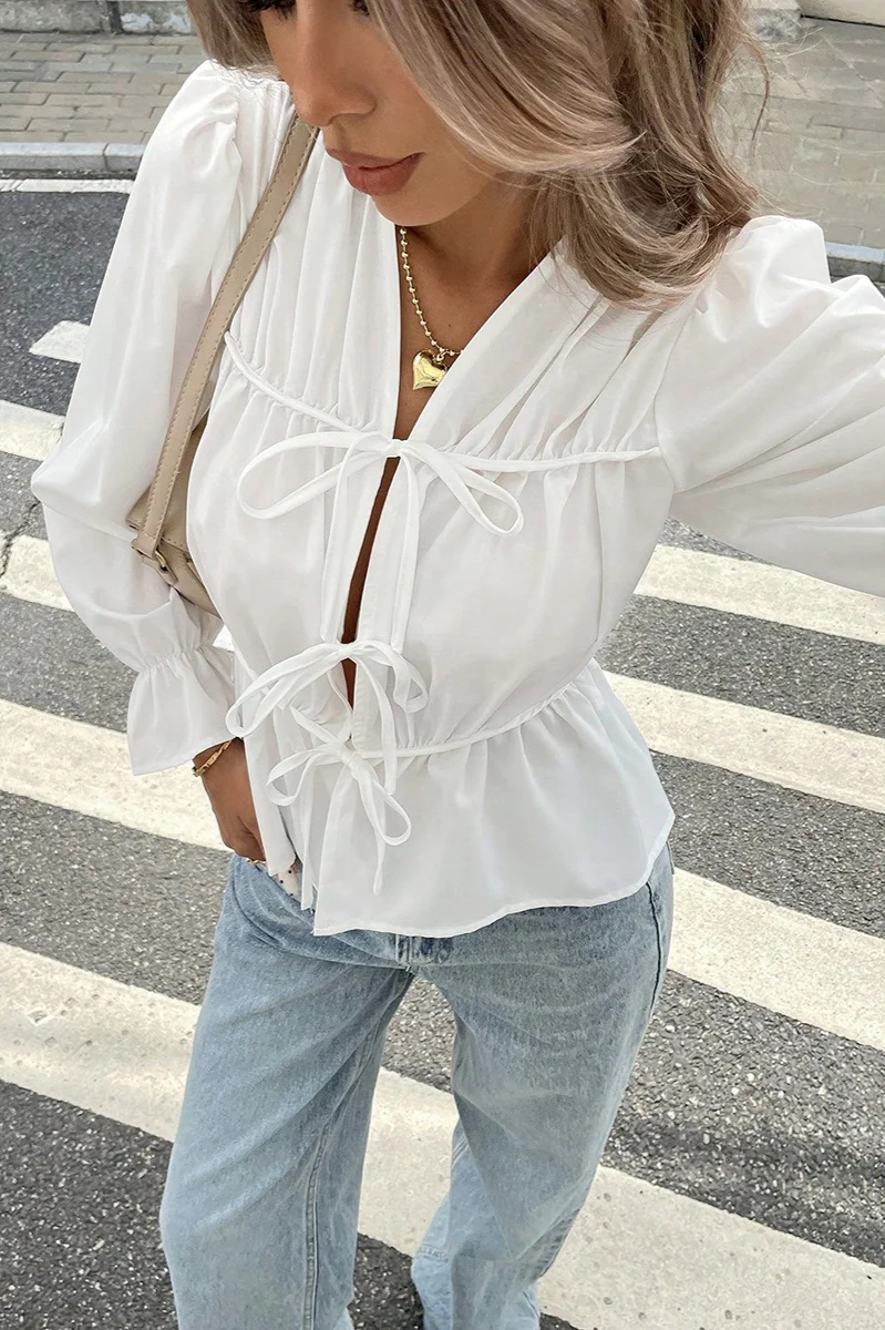 Waist-Tie Long-Sleeve Cardigan Blouse - Image 3