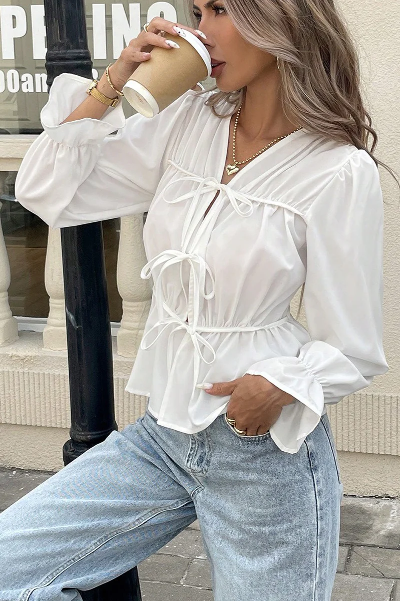 Waist-Tie Long-Sleeve Cardigan Blouse - Image 4
