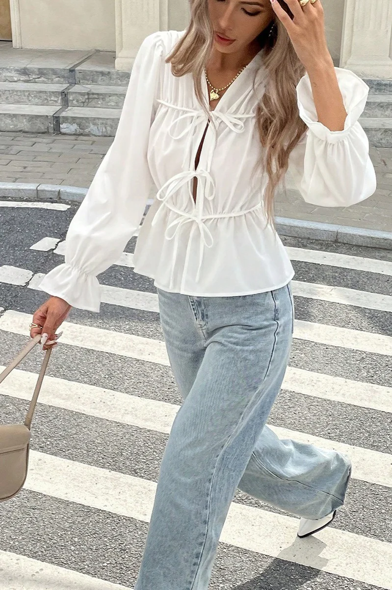 Waist-Tie Long-Sleeve Cardigan Blouse - Image 6