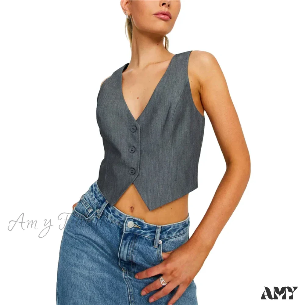 Waistcoat For Women Solid Color Slim Fit V Neck Sleeveless Button Down Fashion Crop Top - Image 3