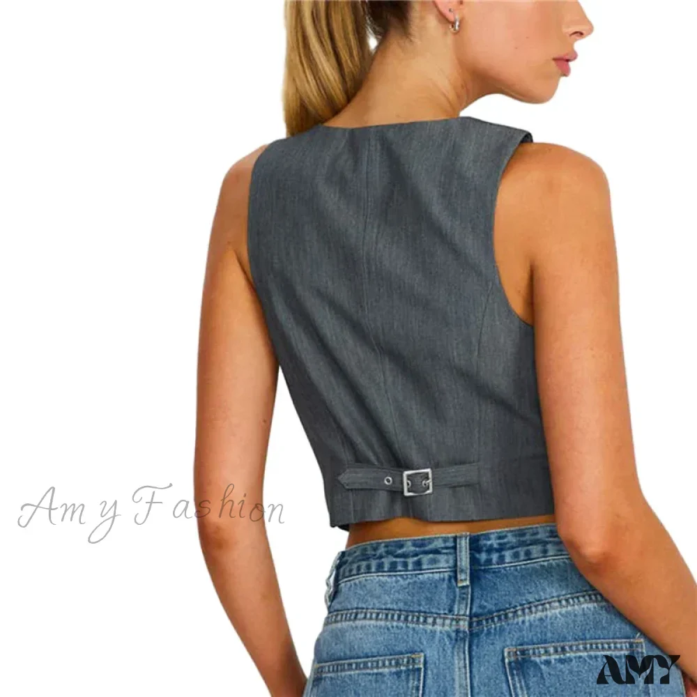 Waistcoat For Women Solid Color Slim Fit V Neck Sleeveless Button Down Fashion Crop Top - Image 4