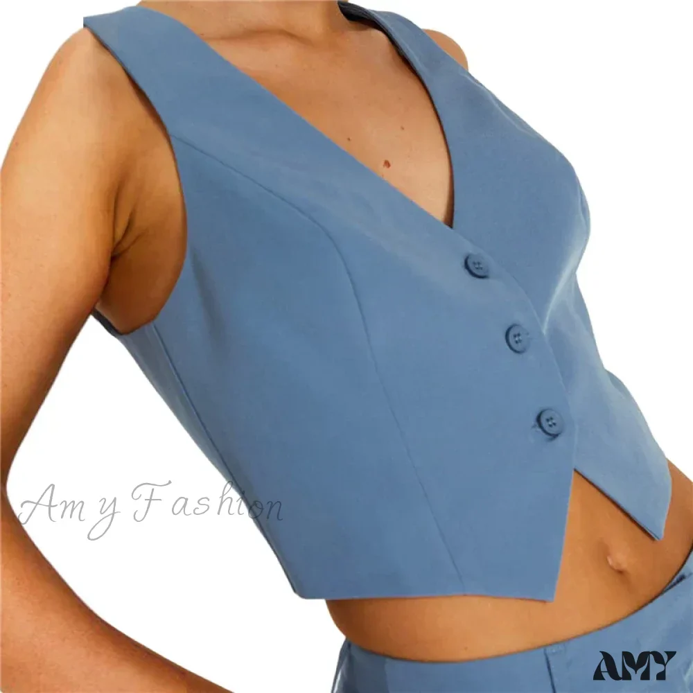 Waistcoat For Women Solid Color Slim Fit V Neck Sleeveless Button Down Fashion Crop Top - Image 6