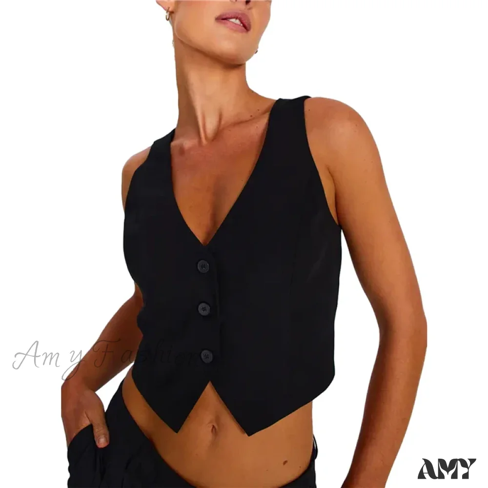Waistcoat For Women Solid Color Slim Fit V Neck Sleeveless Button Down Fashion Crop Top - Image 7