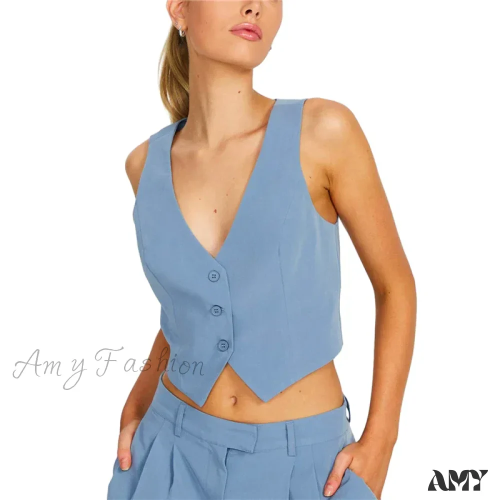 Waistcoat For Women Solid Color Slim Fit V Neck Sleeveless Button Down Fashion Crop Top - Image 8