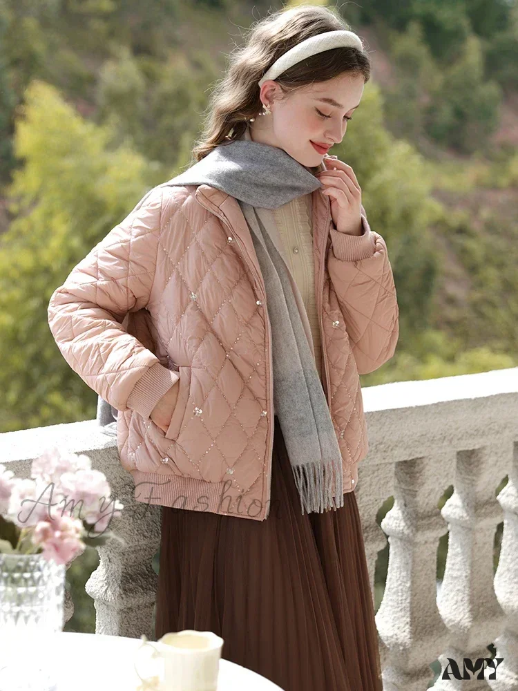 Warm Cotton-padded Stand Collar Diamond Check Embroidery New Lady Thick Parkas Coat - Image 2