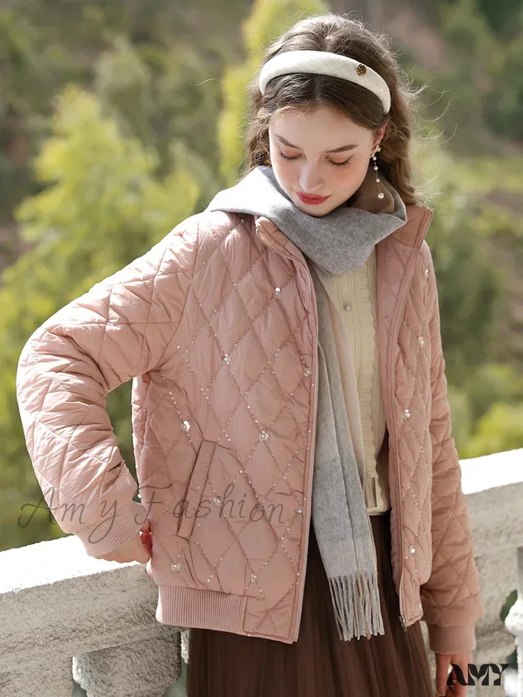 Warm Cotton-padded Stand Collar Diamond Check Embroidery New Lady Thick Parkas Coat - Image 3