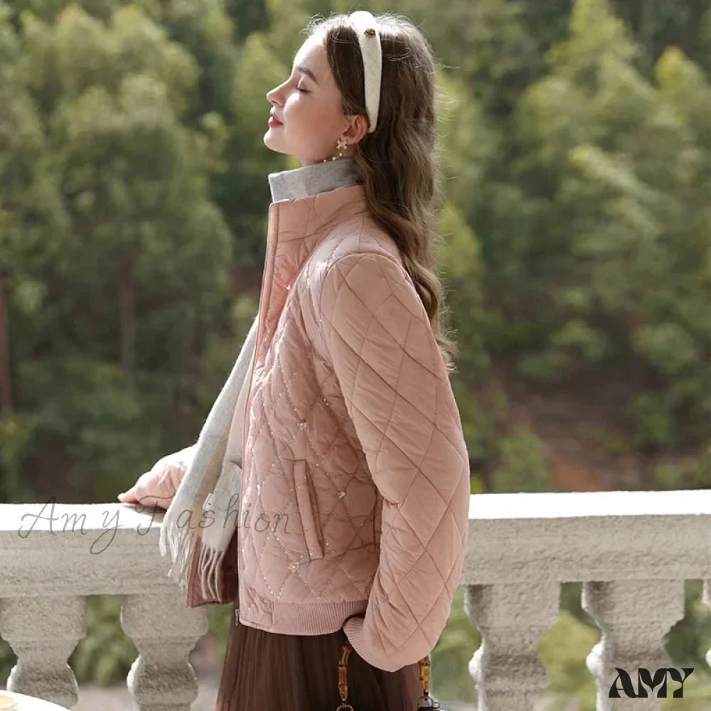 Warm Cotton-padded Stand Collar Diamond Check Embroidery New Lady Thick Parkas Coat - Image 5