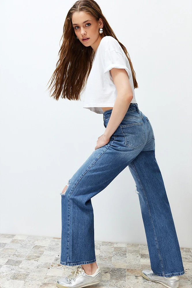 Washed Ripped High-Waist Drapey Straight Leg Jeans - Image 3