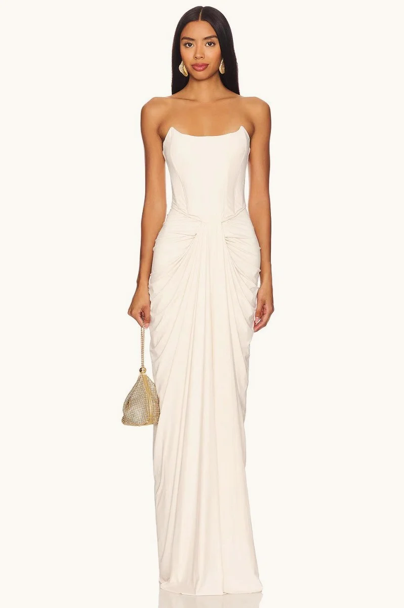White Boned Waist Strapless Luxury Party Dress - Image 3
