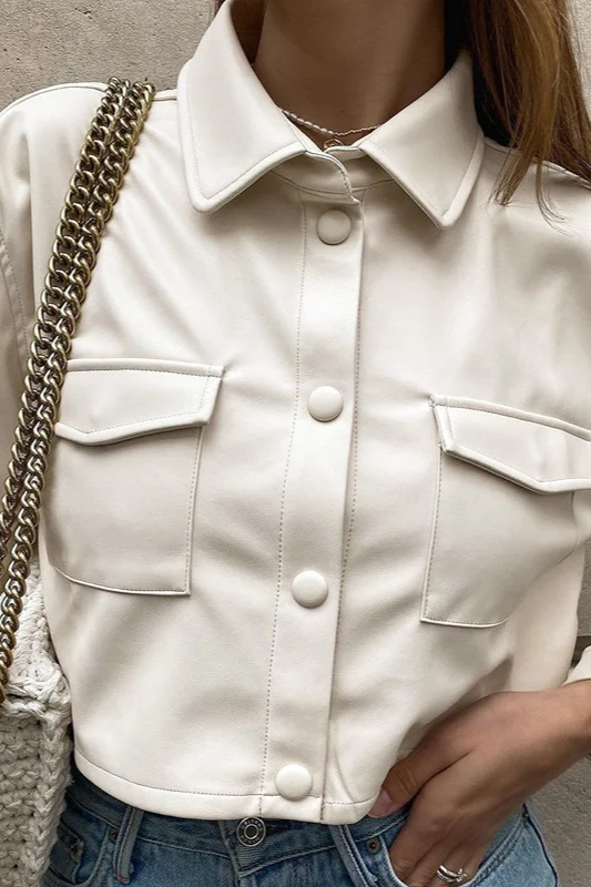 White Crop Leather Long-Sleeve Jacket - Image 5