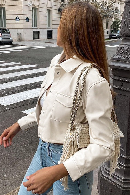 White Crop Leather Long-Sleeve Jacket - Image 6