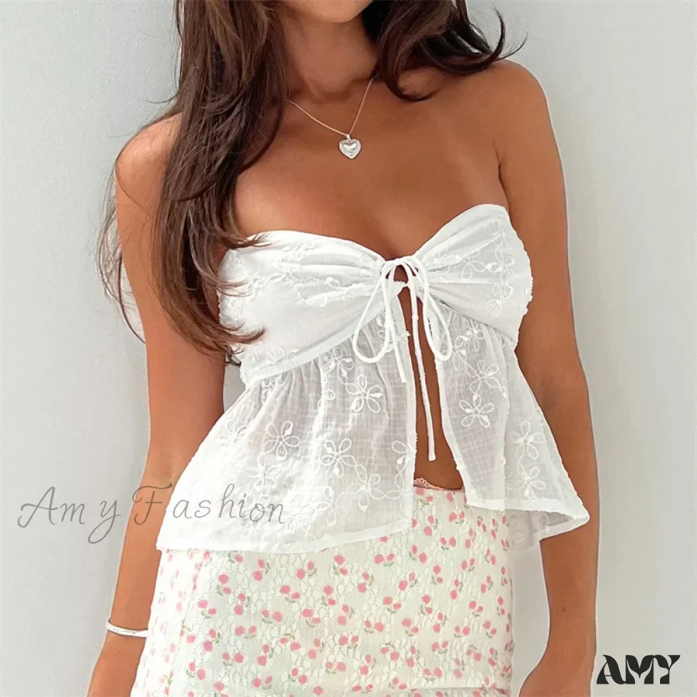 White Strapless Aesthetic Flower Embroidery Off Shoulder Sleeveless Streetwear Crop Top - Image 3