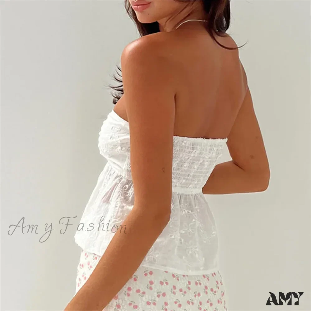 White Strapless Aesthetic Flower Embroidery Off Shoulder Sleeveless Streetwear Crop Top - Image 4
