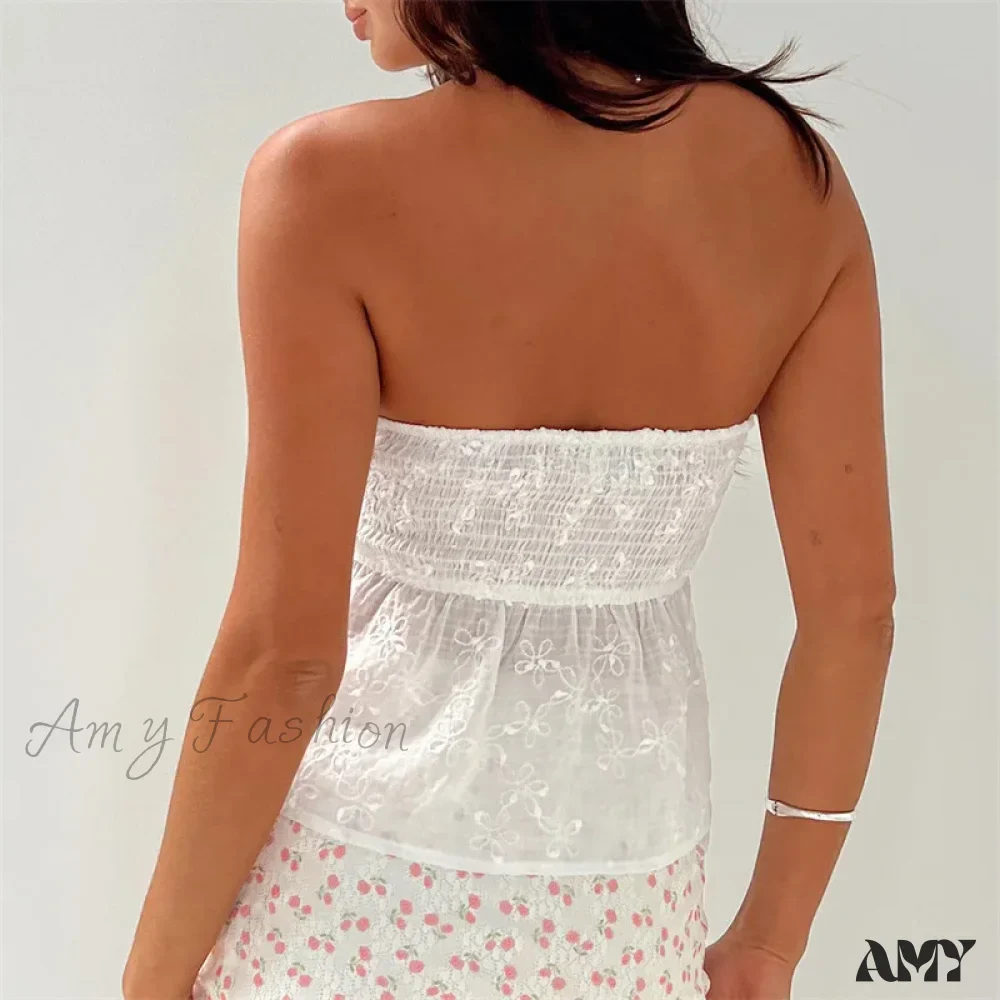 White Strapless Aesthetic Flower Embroidery Off Shoulder Sleeveless Streetwear Crop Top - Image 5