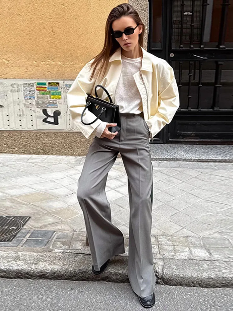 White Zipper Lapel Long Sleeve Coat - Image 4