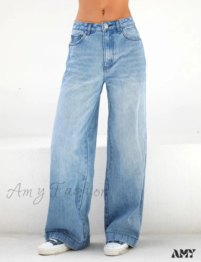 Wide Leg Denim Pockets Loose High Waist Full Length Zipper Fly Solid Color Streetwear Jean - Image 2