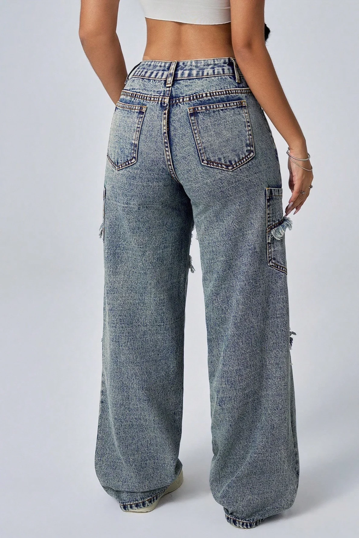 Wide Leg Raw Hem Patchwork Loose Fashion Jeans - Image 5
