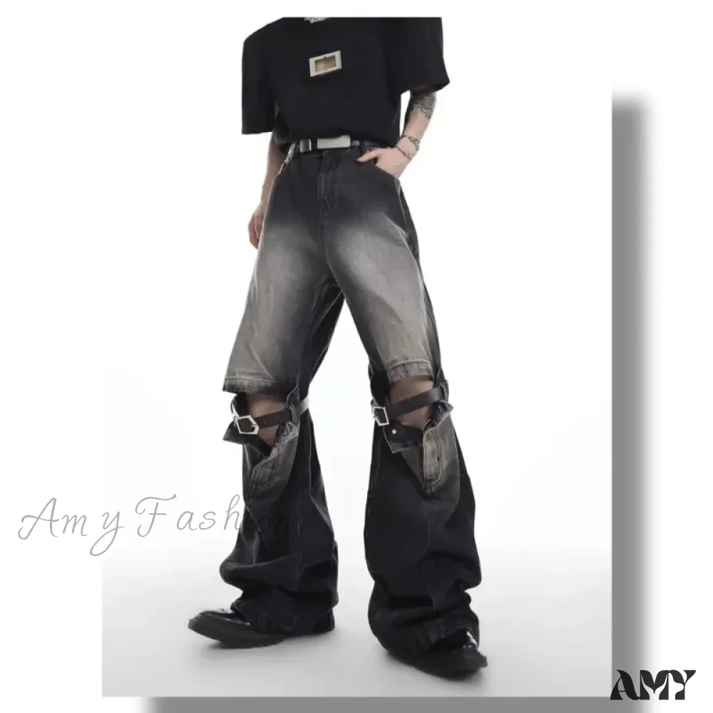 Amy Fashion - Wide Leg Washed For Men And Women Straight Tube Loose Fitting Retro High Street Niche Design Jean - Image 2