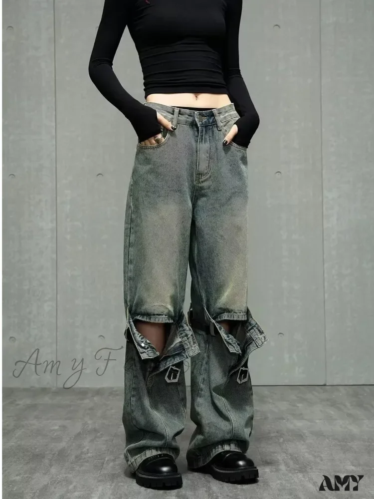 Amy Fashion - Wide Leg Washed For Men And Women Straight Tube Loose Fitting Retro High Street Niche Design Jean - Image 5