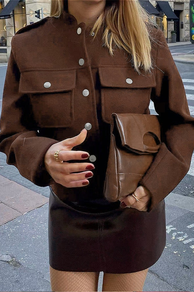 Wine Red Stand-Collar Loose Retro Jacket - Image 4