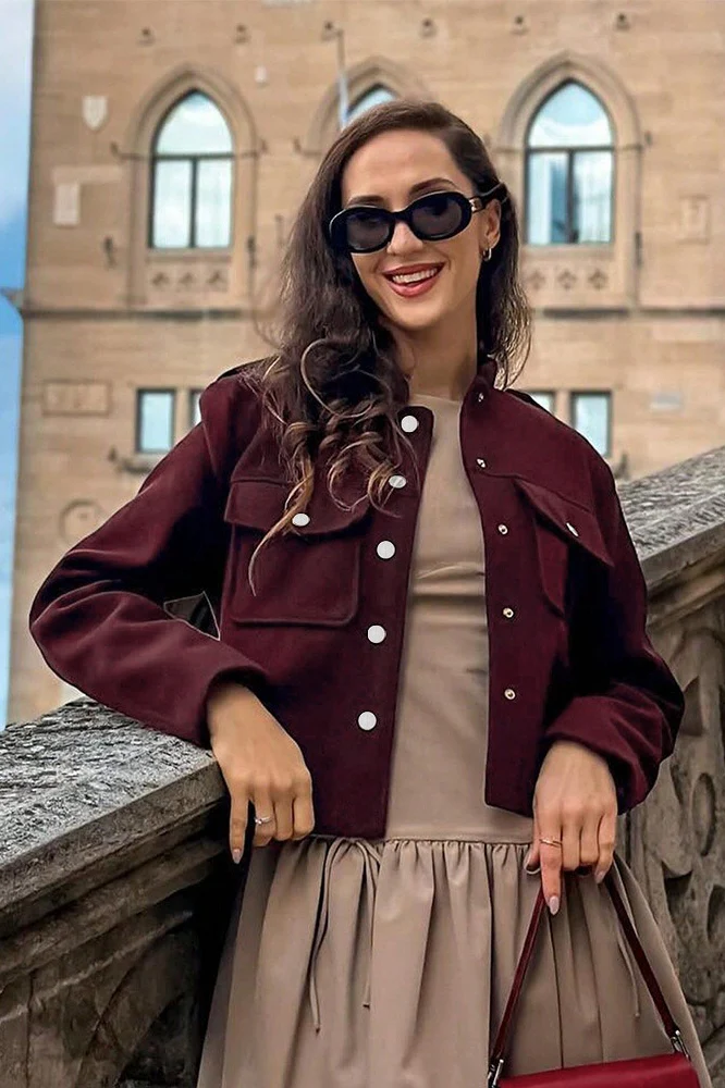 Wine Red Stand-Collar Loose Retro Jacket - Image 5