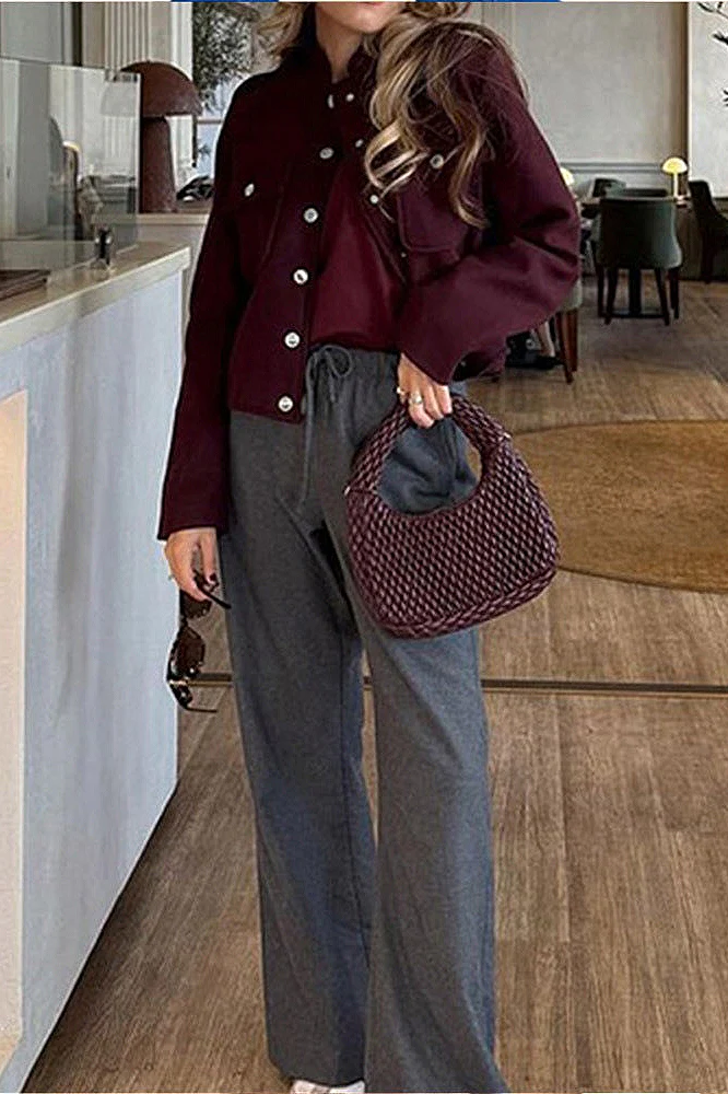 Wine Red Stand-Collar Loose Retro Jacket - Image 6