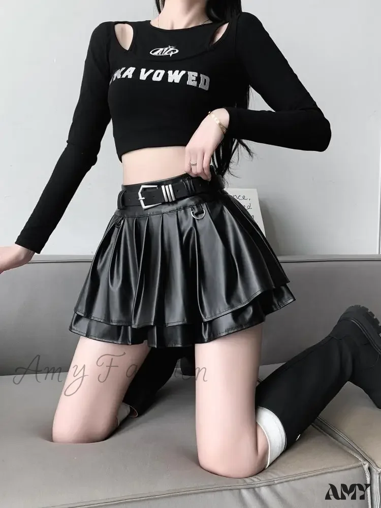 With Belt Pleated PU Leather Ball Gown High Waist Slim A-line Skirt - Image 2