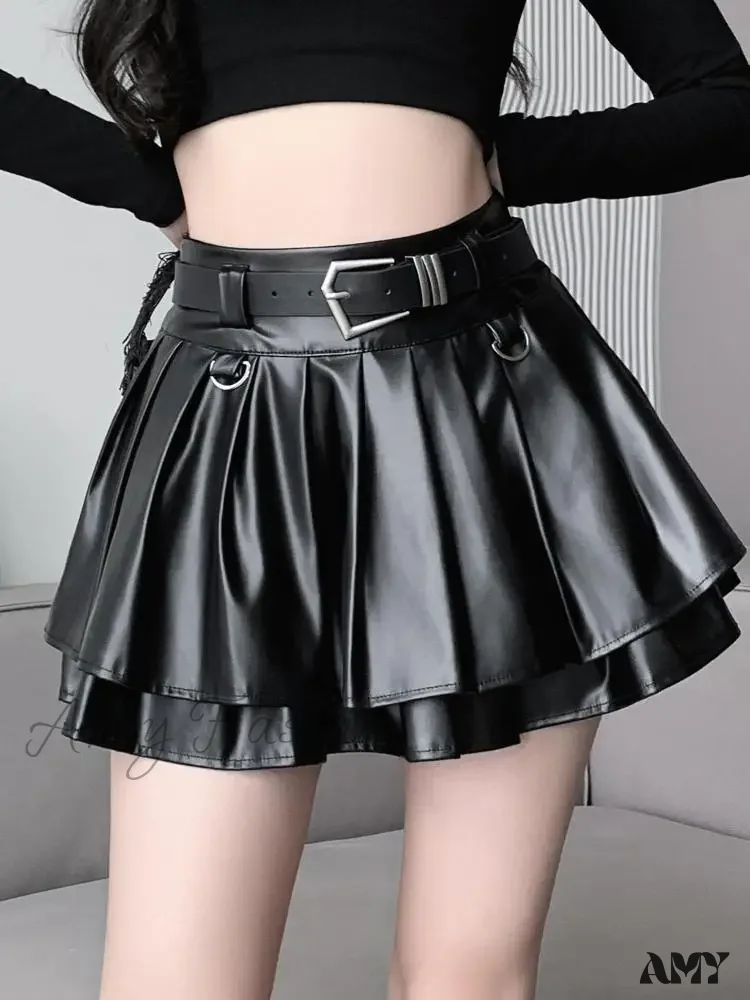 With Belt Pleated PU Leather Ball Gown High Waist Slim A-line Skirt - Image 3