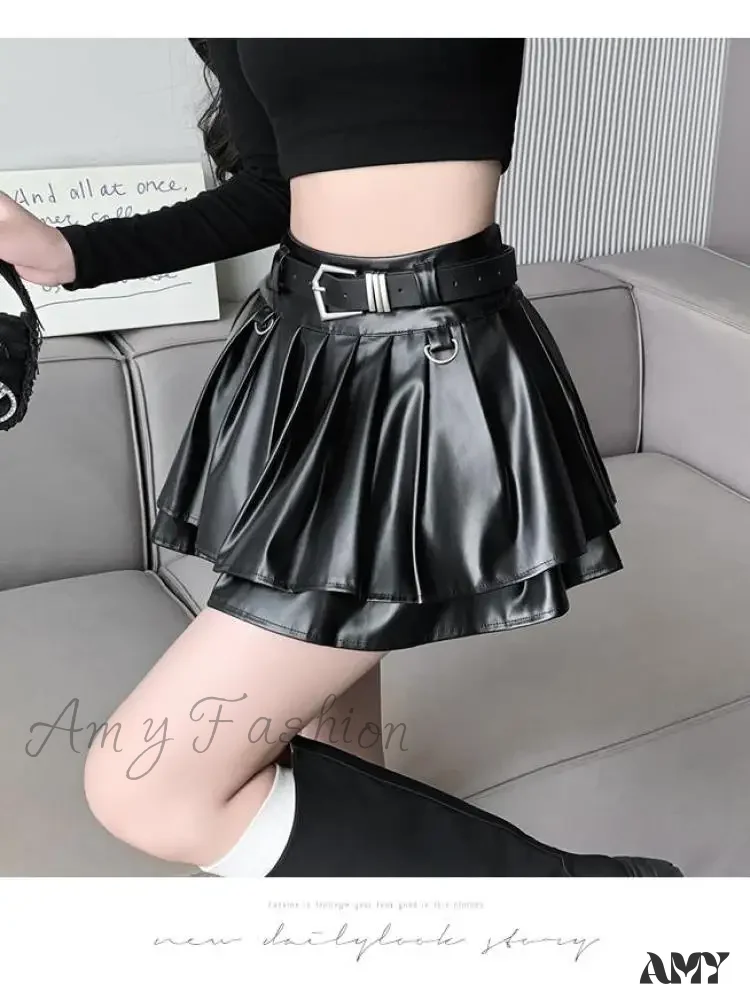 With Belt Pleated PU Leather Ball Gown High Waist Slim A-line Skirt - Image 4