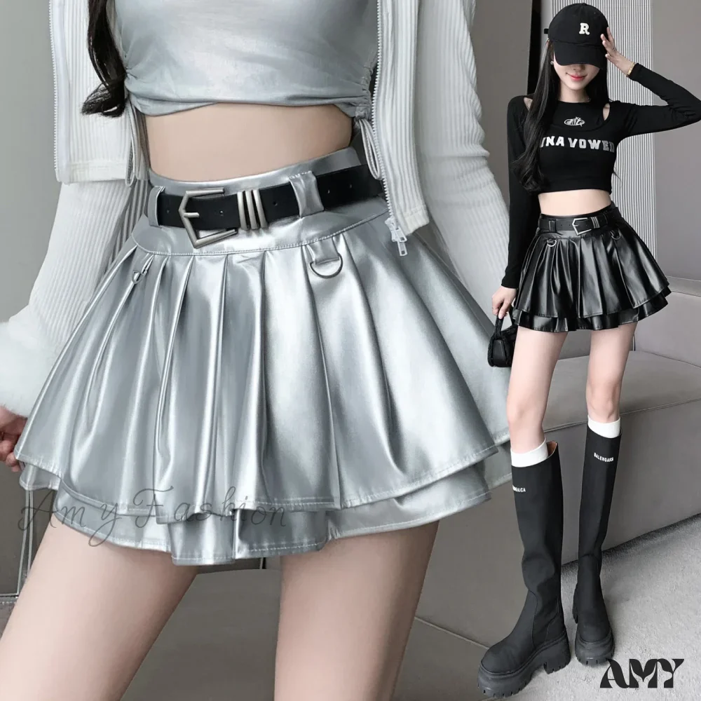With Belt Pleated PU Leather Ball Gown High Waist Slim A-line Skirt - Image 5