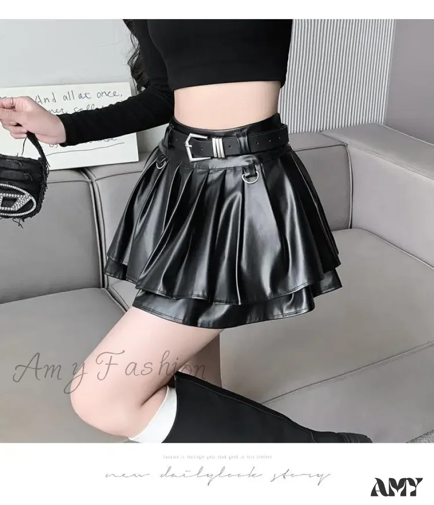 With Belt Pleated PU Leather Ball Gown High Waist Slim A-line Skirt - Image 7