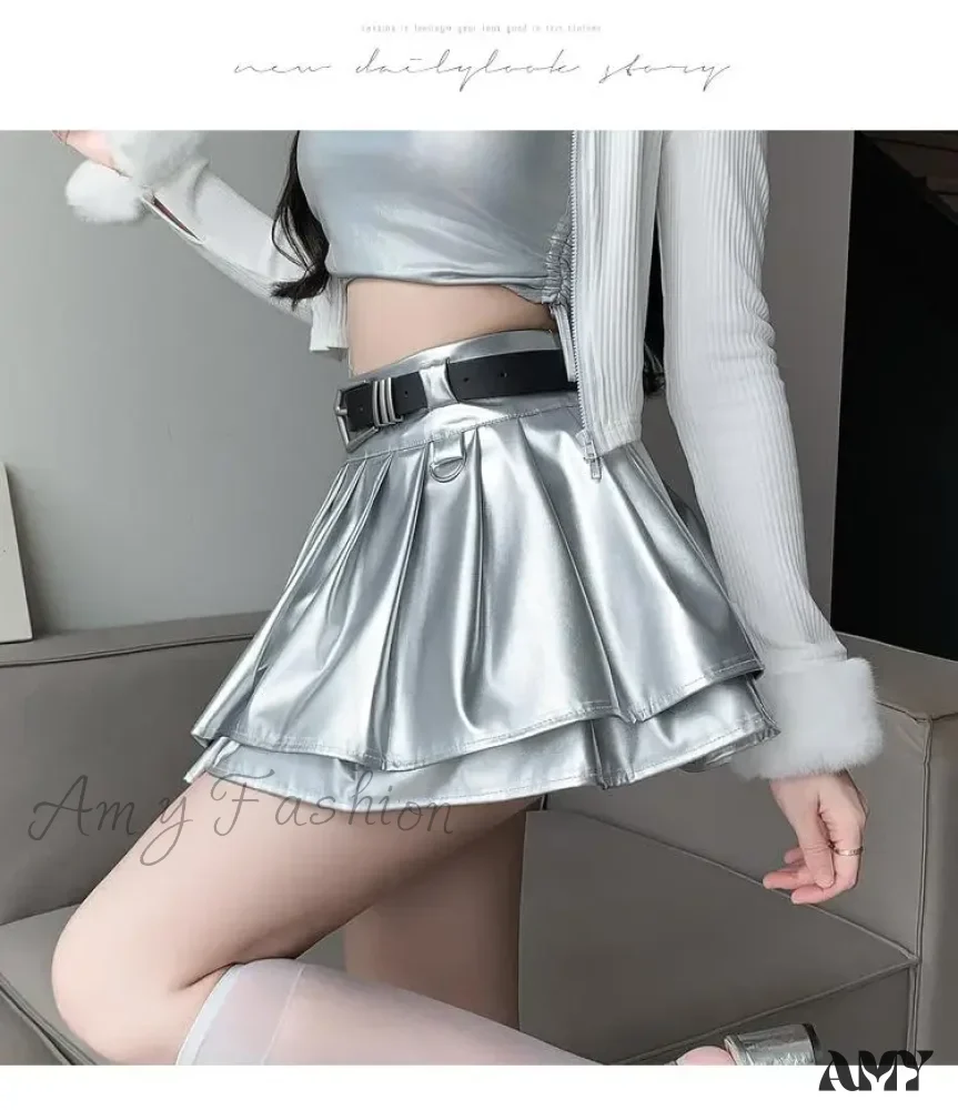 With Belt Pleated PU Leather Ball Gown High Waist Slim A-line Skirt - Image 8