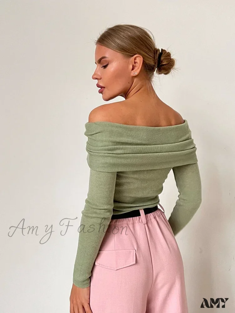 Wolfeel Women Knitted Wool T-shirt Slim Fit Long Sleeve Off Shoulder Sweater - Image 3