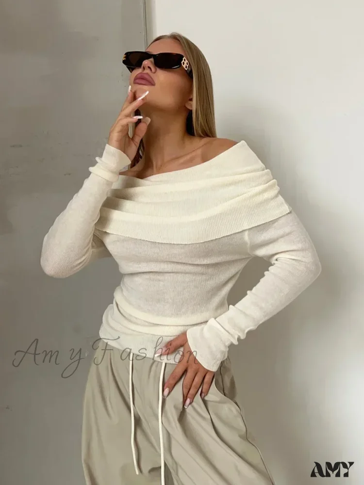 Wolfeel Women Knitted Wool T-shirt Slim Fit Long Sleeve Off Shoulder Sweater - Image 4