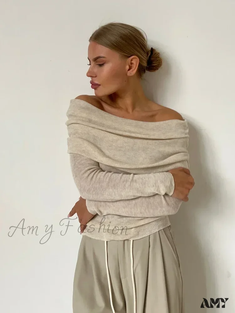 Wolfeel Women Knitted Wool T-shirt Slim Fit Long Sleeve Off Shoulder Sweater - Image 5