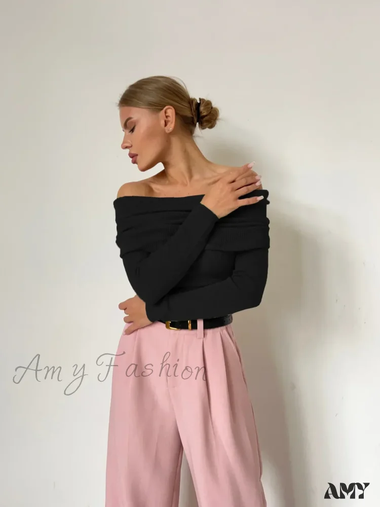Wolfeel Women Knitted Wool T-shirt Slim Fit Long Sleeve Off Shoulder Sweater - Image 7