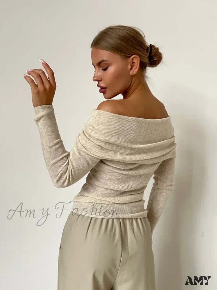 Wolfeel Women Knitted Wool T-shirt Slim Fit Long Sleeve Off Shoulder Sweater - Image 8