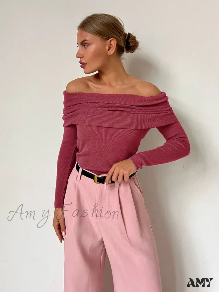 Wolfeel Women Knitted Wool T-shirt Slim Fit Long Sleeve Off Shoulder Sweater - Image 9