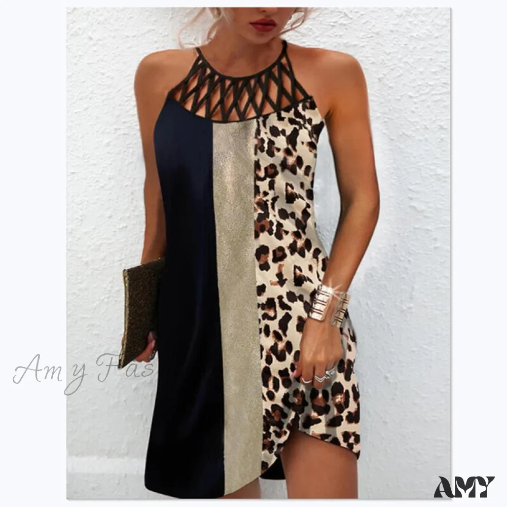 Amy Fashion - Sexy Leopard Stitching Sleeveless Bodycon Party Dress - Image 3