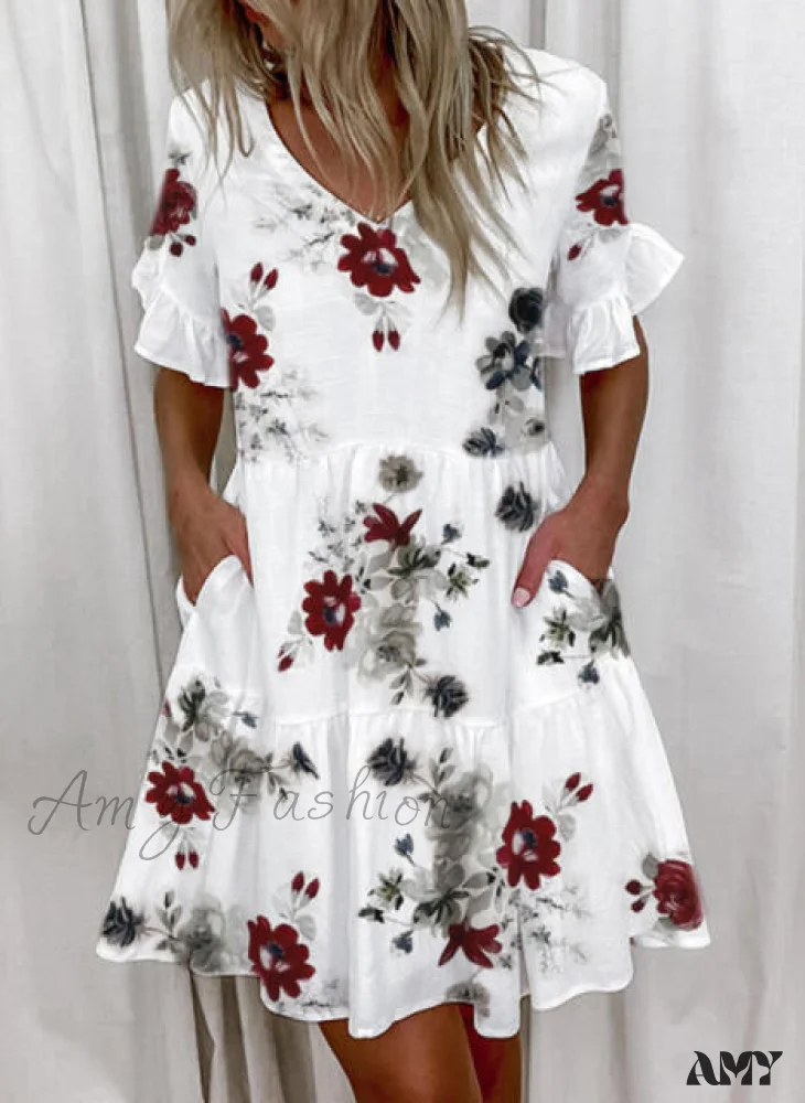 Amy Fashion - Short Sleeve Floral Print Ruffled Pocket Dresses - Image 4