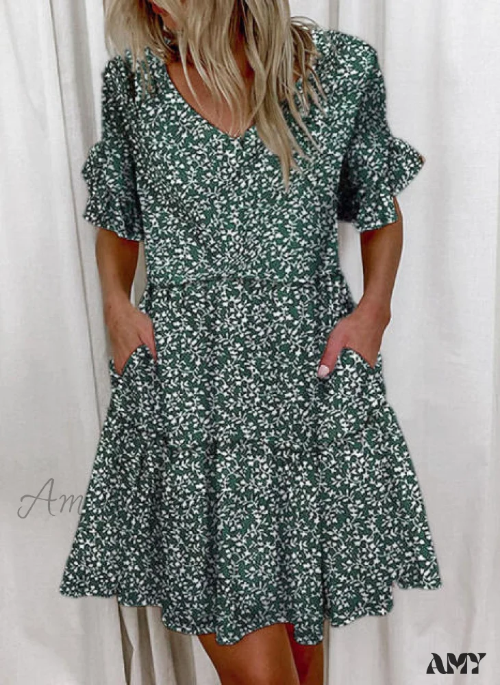 Amy Fashion - Short Sleeve Floral Print Ruffled Pocket Dresses - Image 7