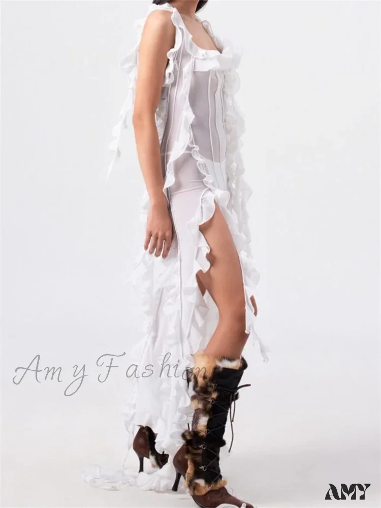 Amy Fashion - Women 3D Floral Tassels  Ruffles Sheer Mesh See Through Y2K Off Shoulder Backless Sexy Vestidos Clubwear - Image 2