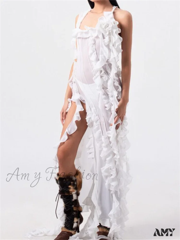 Amy Fashion - Women 3D Floral Tassels  Ruffles Sheer Mesh See Through Y2K Off Shoulder Backless Sexy Vestidos Clubwear - Image 3