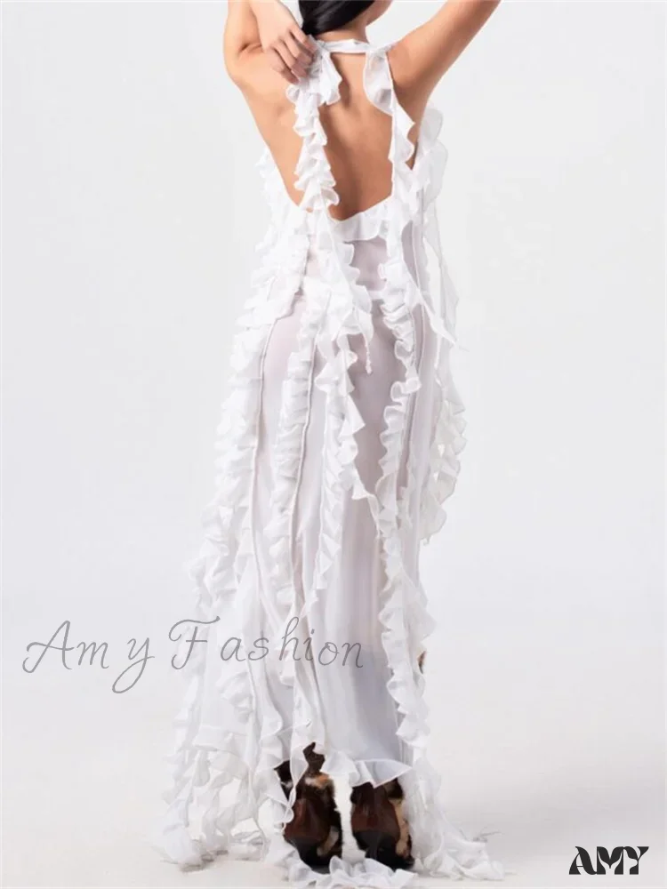 Amy Fashion - Women 3D Floral Tassels  Ruffles Sheer Mesh See Through Y2K Off Shoulder Backless Sexy Vestidos Clubwear - Image 4