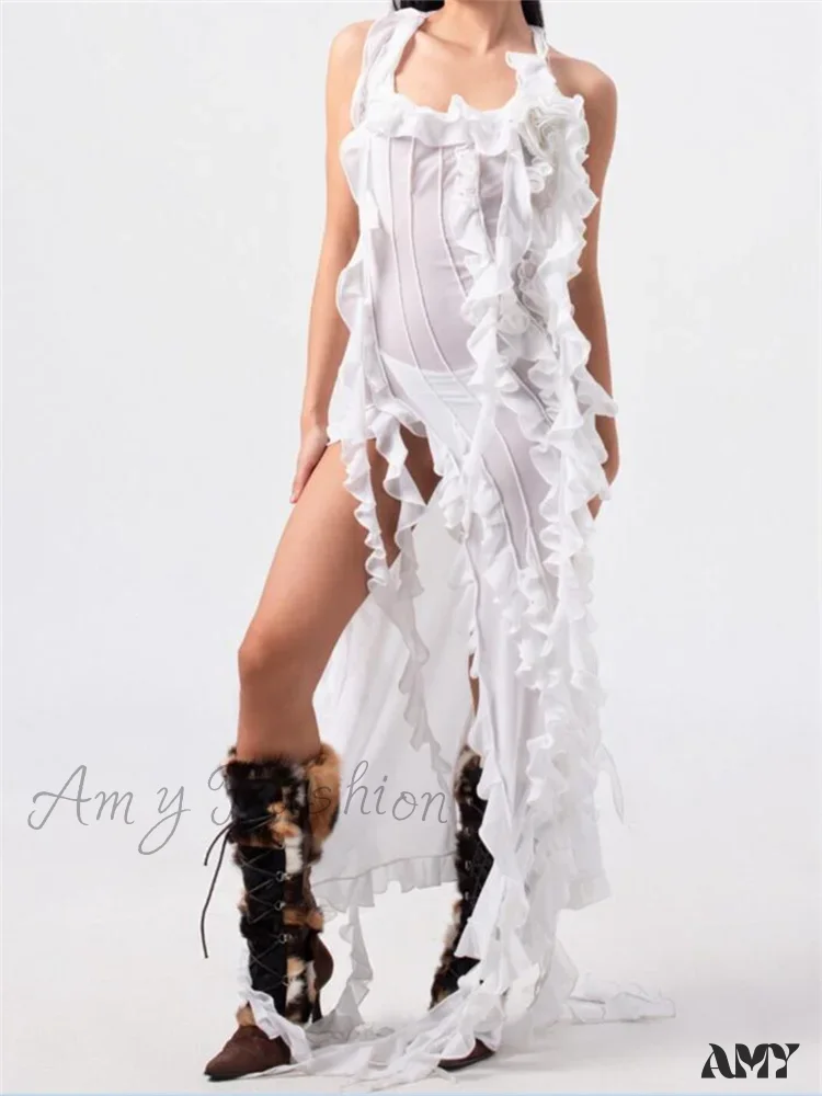 Amy Fashion - Women 3D Floral Tassels  Ruffles Sheer Mesh See Through Y2K Off Shoulder Backless Sexy Vestidos Clubwear - Image 5