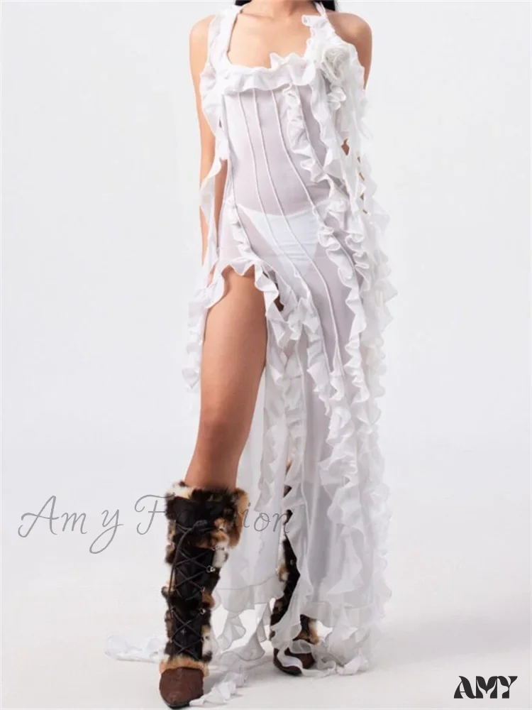 Amy Fashion - Women 3D Floral Tassels  Ruffles Sheer Mesh See Through Y2K Off Shoulder Backless Sexy Vestidos Clubwear - Image 6