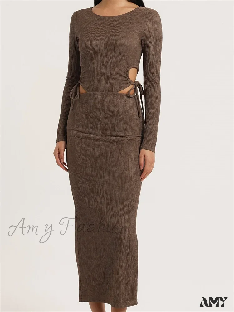 Amy Fashion - Women Autumn Knitted Slim Fit  Solid Round Neck Back Split  Sleeve Hollow Out Tie Up Party Vestido - Image 2