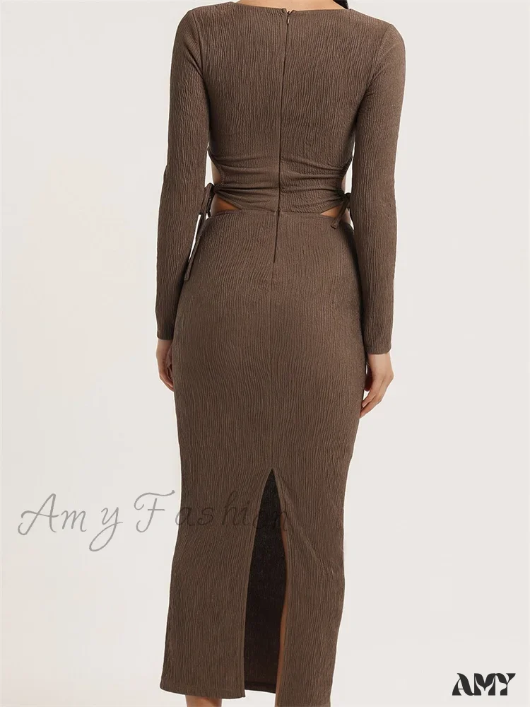 Amy Fashion - Women Autumn Knitted Slim Fit  Solid Round Neck Back Split  Sleeve Hollow Out Tie Up Party Vestido - Image 3