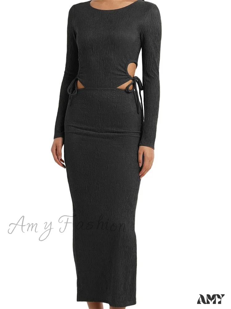 Amy Fashion - Women Autumn Knitted Slim Fit  Solid Round Neck Back Split  Sleeve Hollow Out Tie Up Party Vestido - Image 4