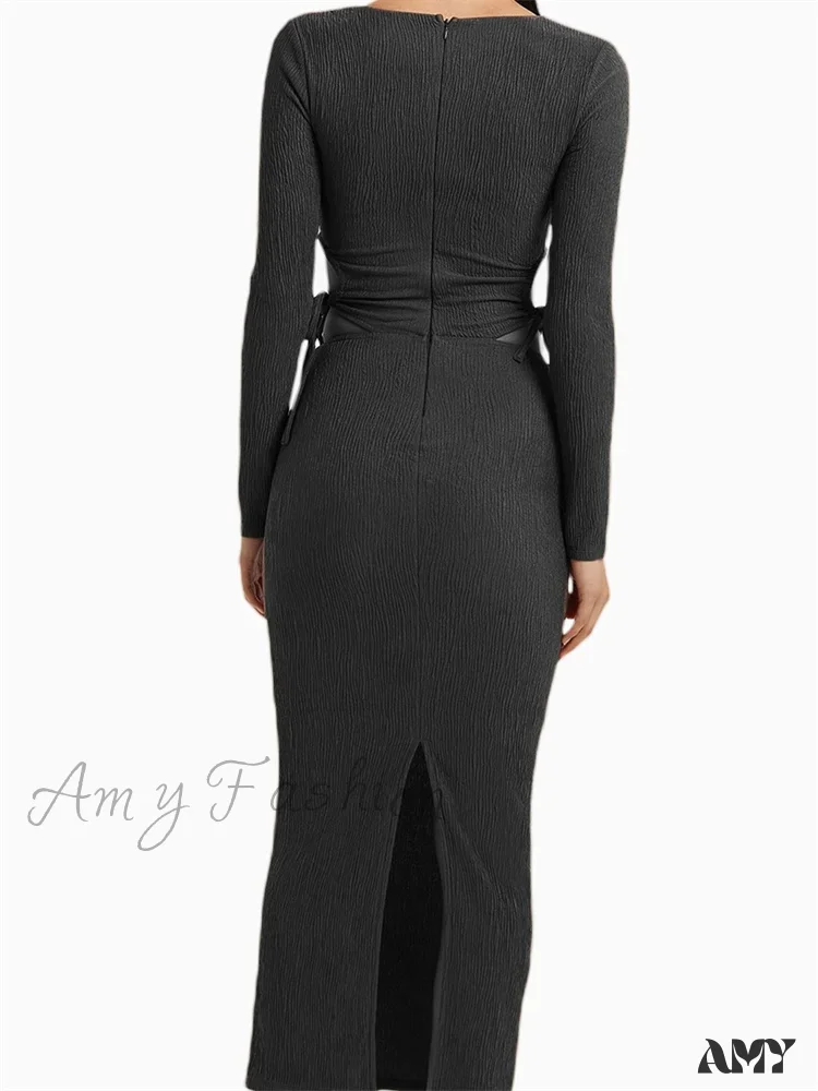 Amy Fashion - Women Autumn Knitted Slim Fit  Solid Round Neck Back Split  Sleeve Hollow Out Tie Up Party Vestido - Image 5